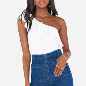 Show Me Your Mumu Ophelia Ruffle Bodysuit in Bone Stretch